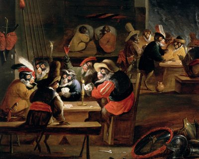 Affen in einer Taverne, Detail des Kartenspiels (Detail) von Ferdinand van Kessel